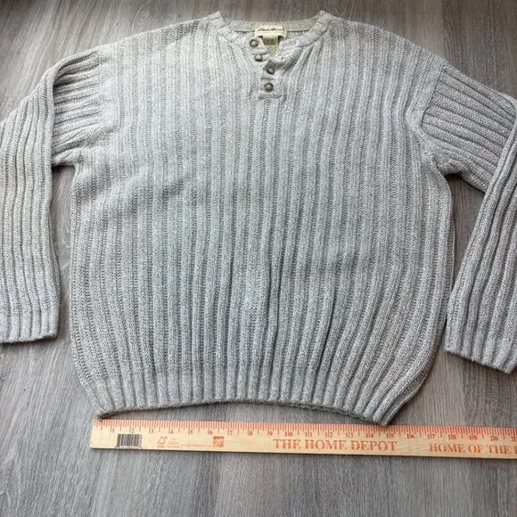 Eddie Bauer Men's L Heather Grey 100% Cotton Ribbed Knit 3-Button Henley Sweater - Picture 3 of 9